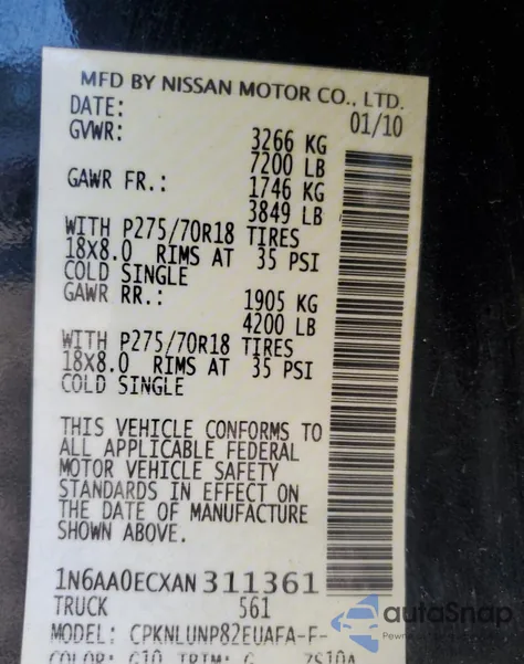2010 Nissan Titan Xe from USA, damaged, VIN 1N6AA0ECXAN311361